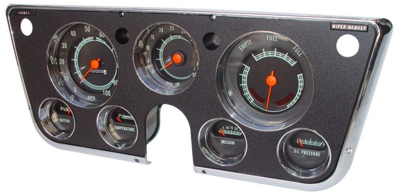 1969-72 Chevrolet / GMC Truck Complete Dash Gauge Cluster Assembly with 5,000 RPM Tachometer and Clock Conversion. Kit includes: Speedometer, Tach, Temp, Amp, fuel, Oil Gauges, Clock, Clock Conversion Harness, Backing Plate, Tachometer Wire Harness, I
