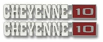 1971-72 Chevrolet Truck "CHEYENNE 10" Fender Side Emblems, GM Restoration Part (Replaces GM# 3998216) Pair.