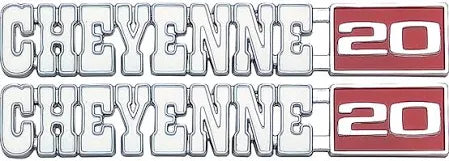 1971-72 Chevrolet Truck "CHEYENNE 20" Fender Side Emblems, GM Restoration Part (Replaces GM# 3998217) Pair.