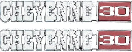 1971-72 Chevrolet Truck "CHEYENNE 30" Fender Side Emblems, GM Restoration Part (Replaces GM# 3998218) Pair.