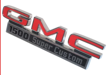 1971-72 GMC Truck "GMC 1500 SUPER CUSTOM" Fender Side Emblems, GM Restoration Part (Replaces GM# 3999367) Pair.