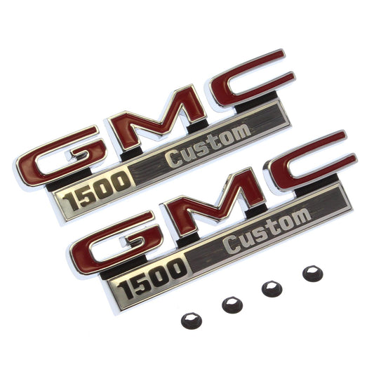 1971-72 GMC Truck "GMC 1500 CUSTOM" Fender Side Emblems, GM Restoration Part (Replaces GM# 3999364) Pair.