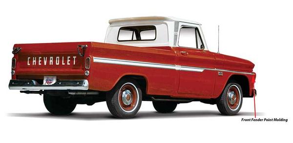 1962-66 C/10 Front Fender Point Molding, L/H or R/H, with Clips Each.