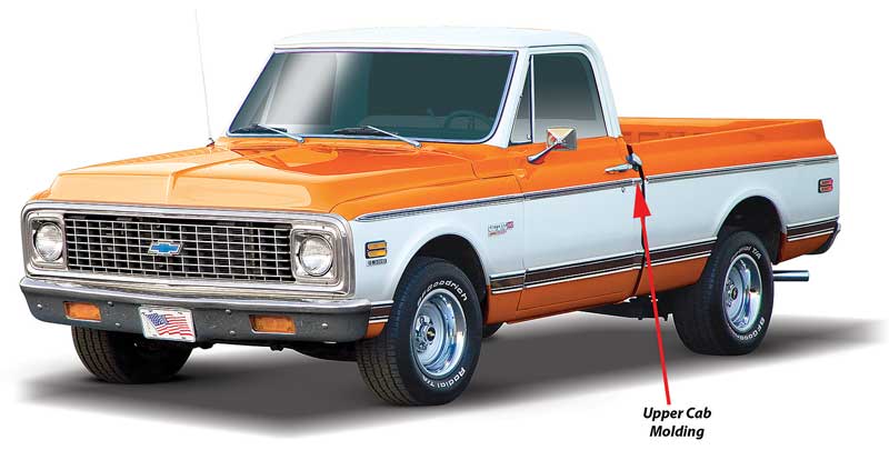 1969-72 C/10 Upper Cab Molding, RH Each.