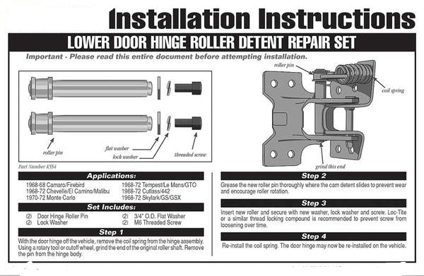 1968-1969 Camaro, Firebird Lower Door Hinge Roller Detent Repair Set