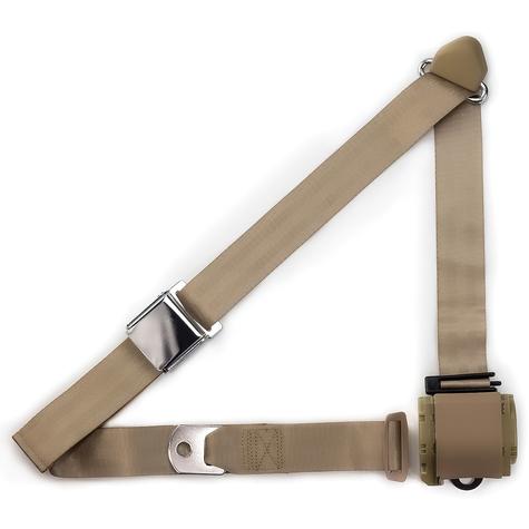 RetroBelt Retractable Aviation Style 3-Point Seat Belts; 27-Inch; Buckle Seat; w/o Hardware; Tan