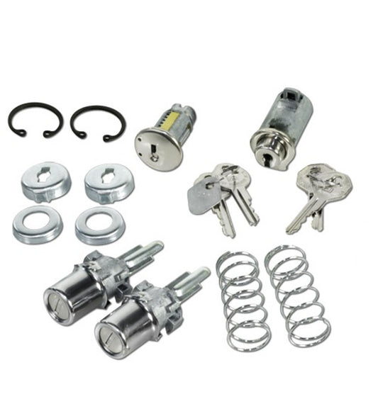 1954-55 1st Chevrolet / GMC Truck Complete Lock Set. Kit Includes (2) Door Locks, (1) Ignition Tumbler,  (1) Glove Box Lock, (2) Pear Shaped Keys  & 2 Octagon Shaped Keys, All Keyed Alike. Kit.