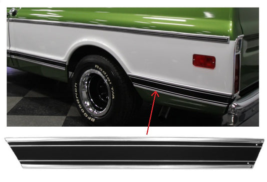 1969-72 Chevrolet / GMC Truck Lower Bed Molding, Rear, (Longbed/Horn) L/H, Black. Each.