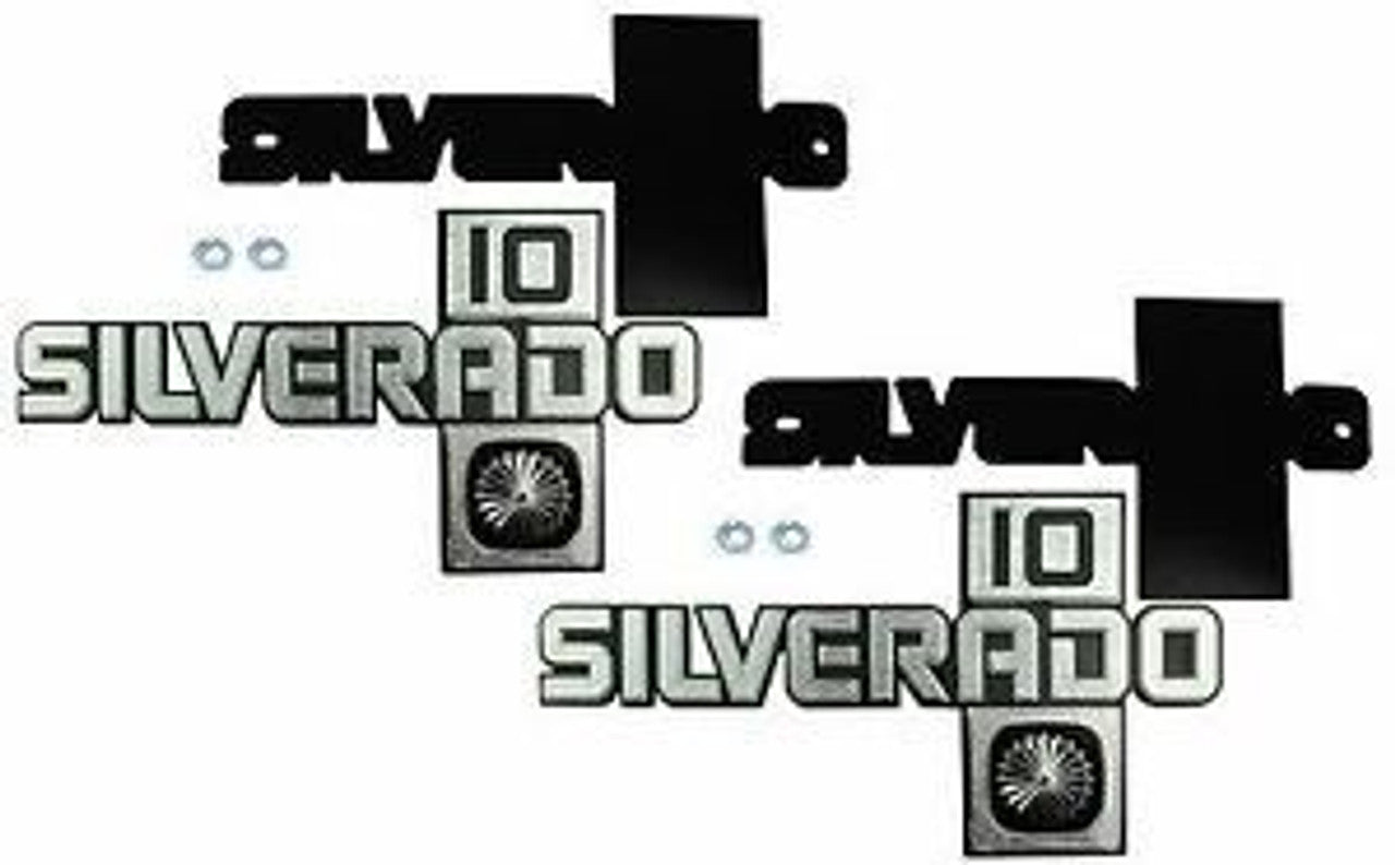 1981-87 Chevrolet Truck "SILVERADO 10" Fender Emblems, GM Restoration Part (Replaces GM# 14051851) Pair.