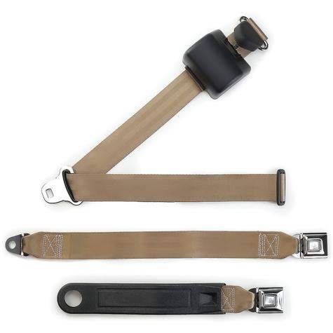 RetroBelt; 3-Point OE-Style Retractable Seat Belt; Bench Seat; Chrome Push-Button Buckles; Tan