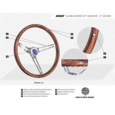 Grant Classic Nostalgia Steering Wheel With Bowtie Cap; 3 Spoke; Walnut Wood Grip; 15 Inch
